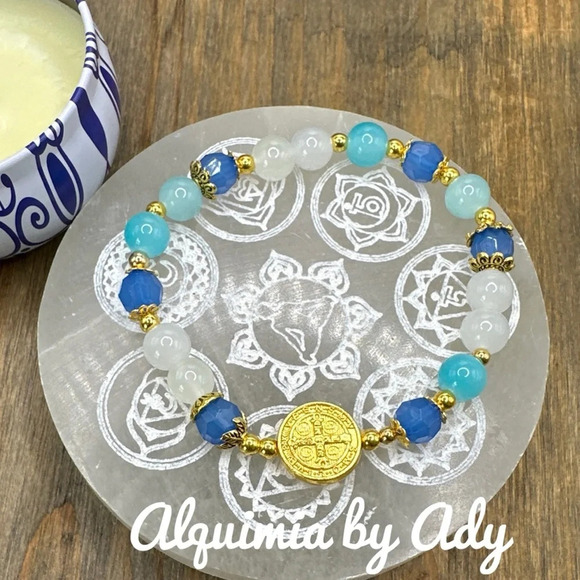 Aquamarine untreated topaz jade beaded gold Saint Benedict San Benito - Picture 1 of 4